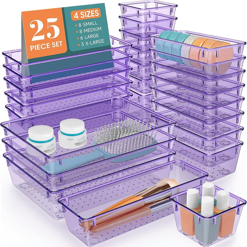 WOWBOX 25 PCS Plastic Drawer Organizer Set, Desk Drawer Divider Organizers and Storage Bins for Makeup, Jewelry, Gadgets for Kitchen, Bedroom, Bathroom, Office, Clear Purple - Image 1